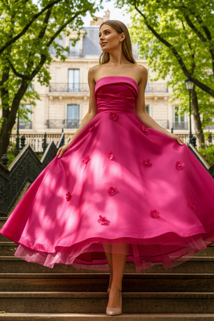 Strapless 3D Floral Applique Midi A-Line Dress
