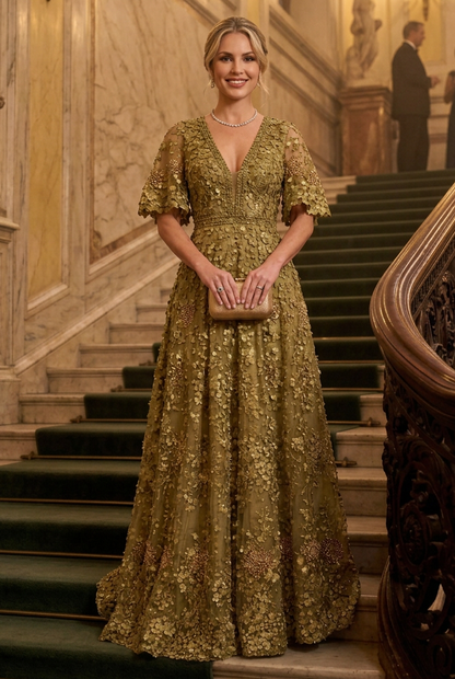 Embroidered Floral Lace Flutter Sleeve Gown