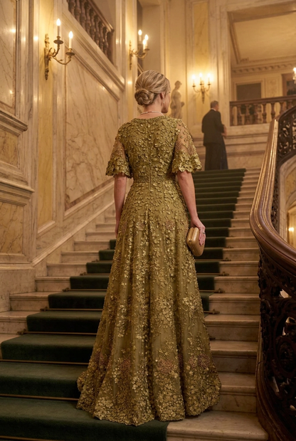Embroidered Floral Lace Flutter Sleeve Gown