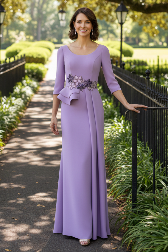 Elegant 3/4 Sleeve Column Gown with Floral Applique