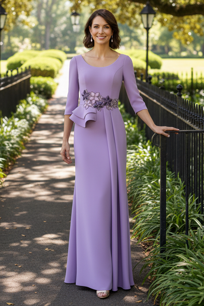 Elegant 3/4 Sleeve Column Gown with Floral Applique