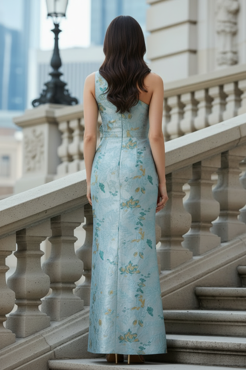 One-Shoulder Metallic Jacquard Gown with Rosette