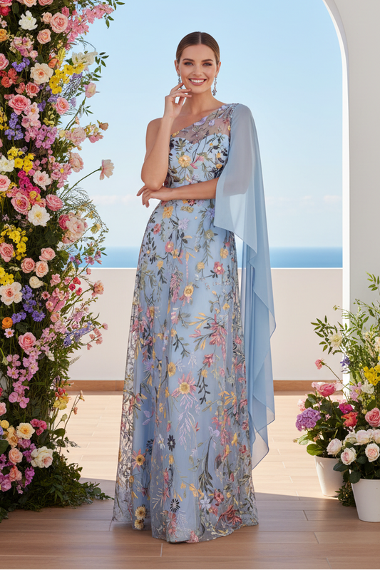 One-Shoulder Floral Embroidered A-Line Evening Gown