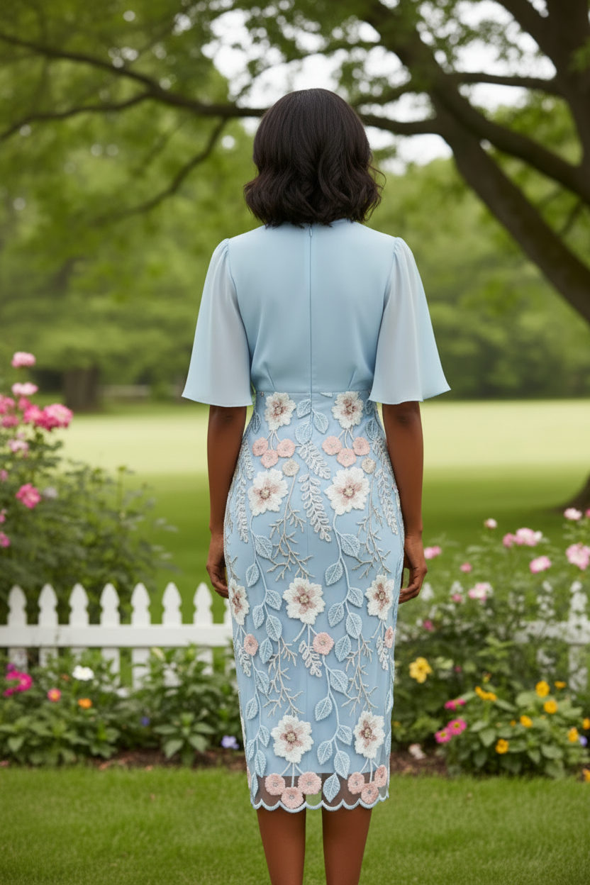 Embroidered Floral Midi Dress with Flutter Sleeves