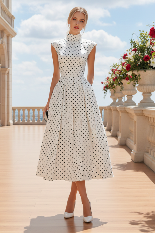 Polka Dot Mock Neck Pleated Midi Dress