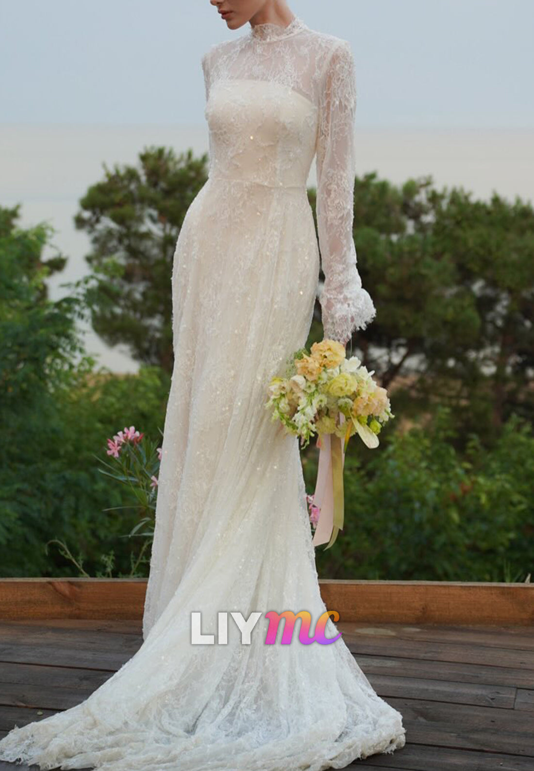Illusion High Neck Lace Long Sleeve Wedding Dress