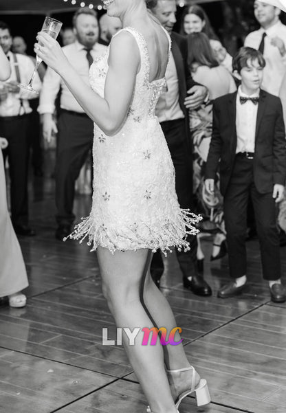 Beaded Fringe Mini Wedding Reception Dress