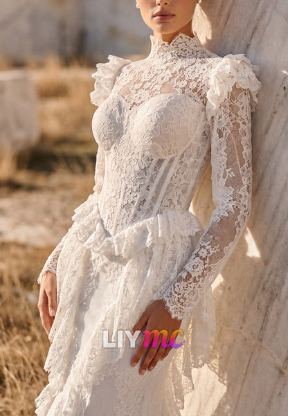 Long Sleeve Lace Mermaid Wedding Dress with Open Back
