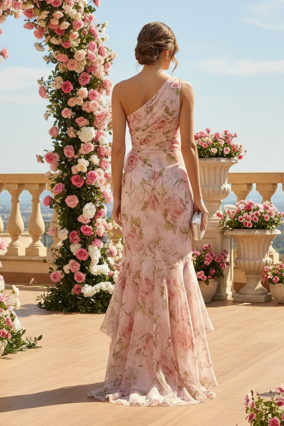 One-Shoulder Floral Ruffled Mermaid Gown