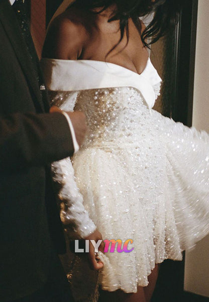Off-The-Shoulder Pearl Beaded A-Line Mini Dress