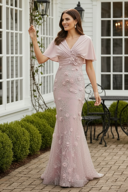Floral Sequin Embroidered Cape Sleeve Evening Gown