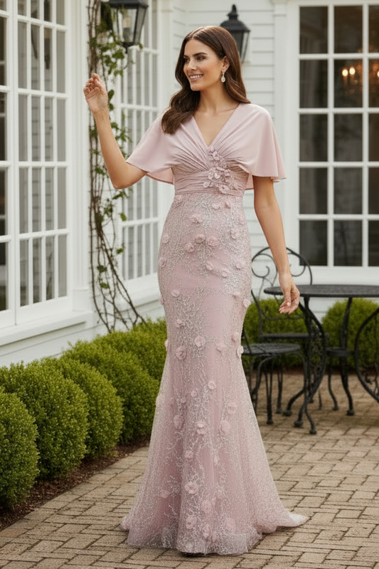 Floral Sequin Embroidered Cape Sleeve Evening Gown