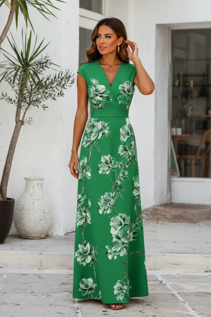 Floral Print V-Neck A-Line Maxi Dress