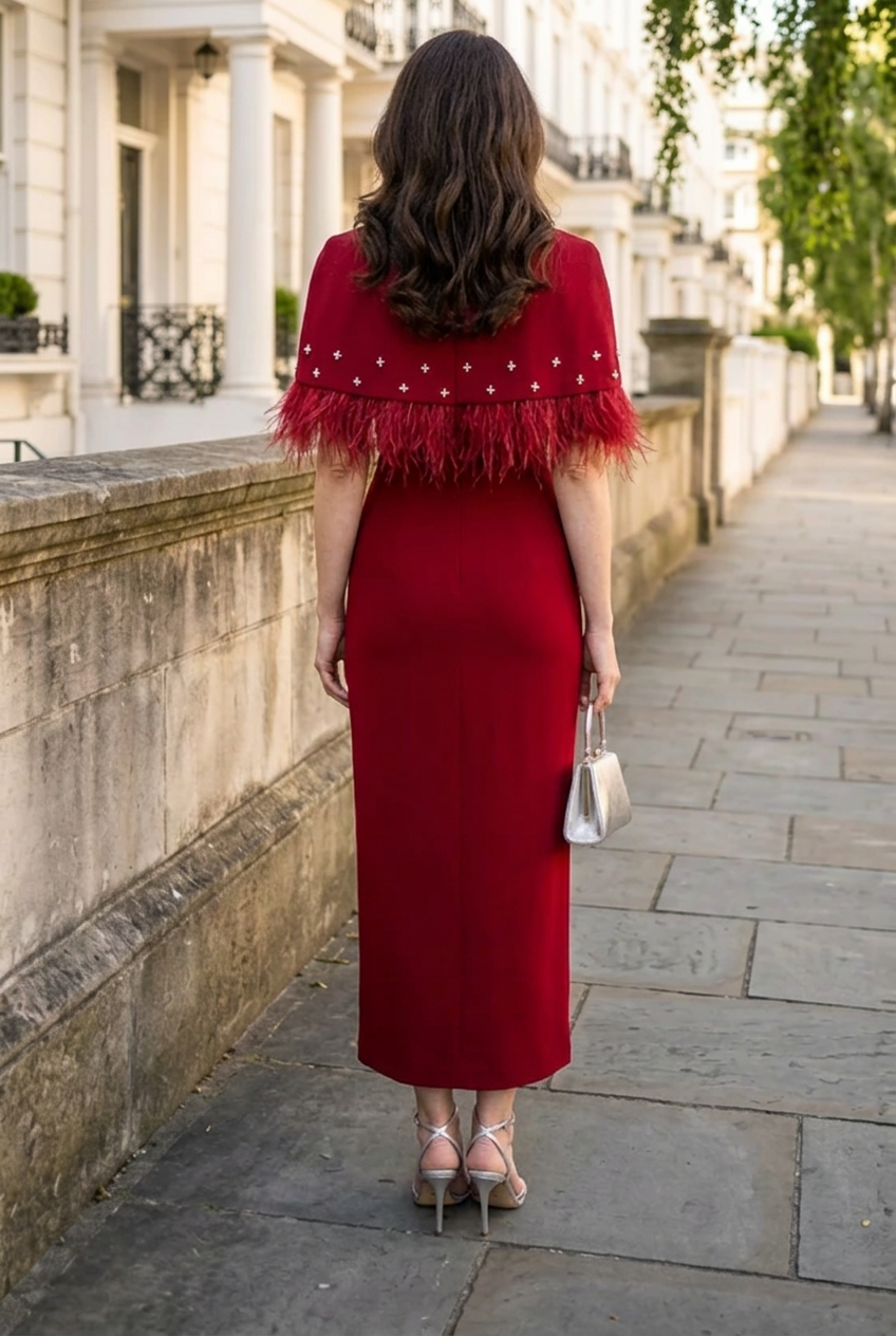 Feather-Trim Cape Column Maxi Dress