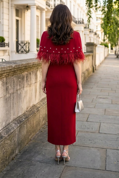 Feather-Trim Cape Column Maxi Dress