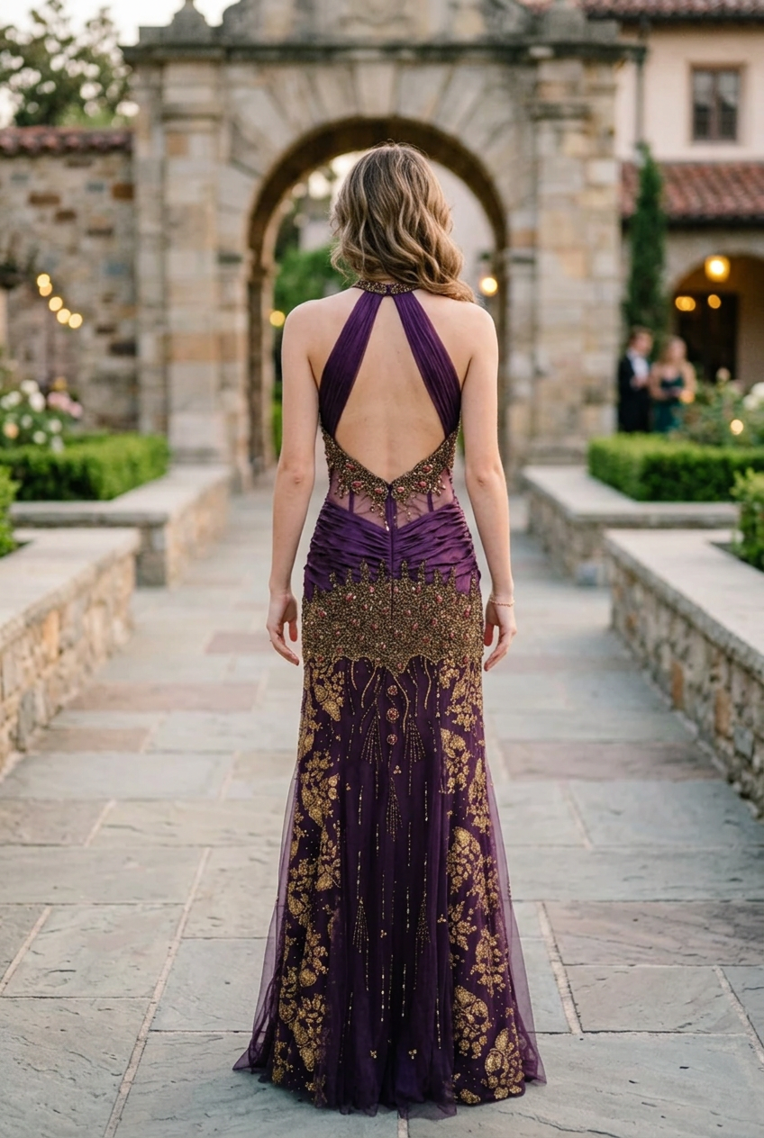 Halter Beaded Gown with Sheer Midriff & Brocade