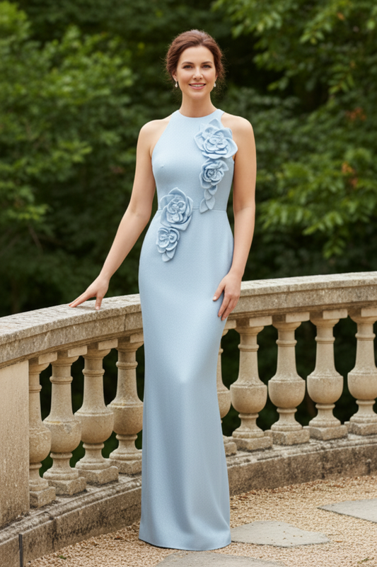 3D Floral Applique Metallic Halter Gown
