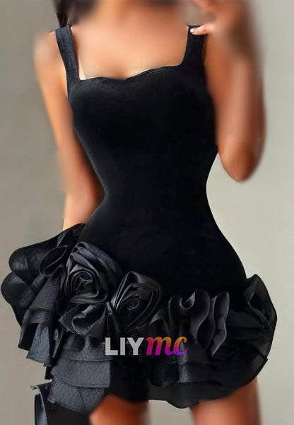 Bodycon Mini Dress with 3D Rosette Ruffle Hem