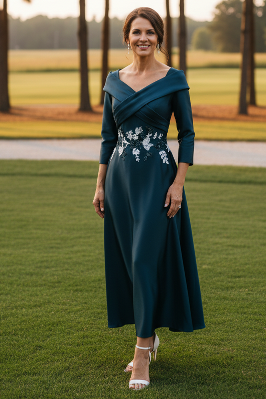 Off-The-Shoulder Satin Dress with Embroidered Waist