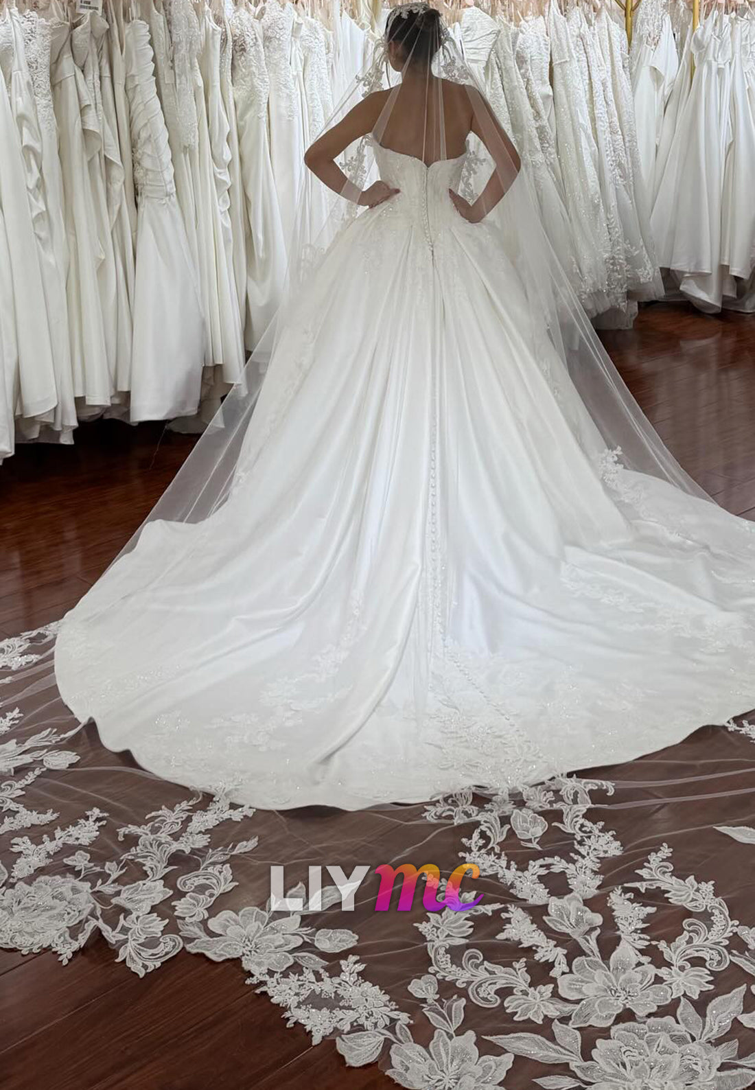 Beaded Corset Ball Gown Wedding Dress with Lace Trim