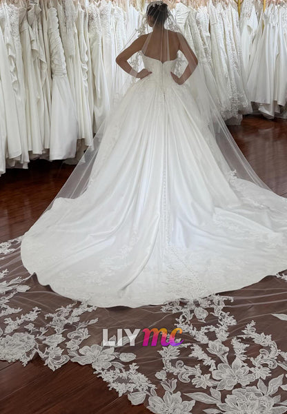 Beaded Corset Ball Gown Wedding Dress with Lace Trim