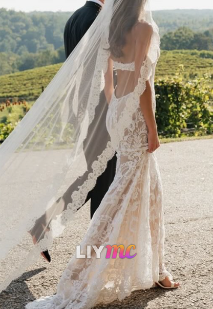 High-Neck Lace Wedding Dress with Cutout Back