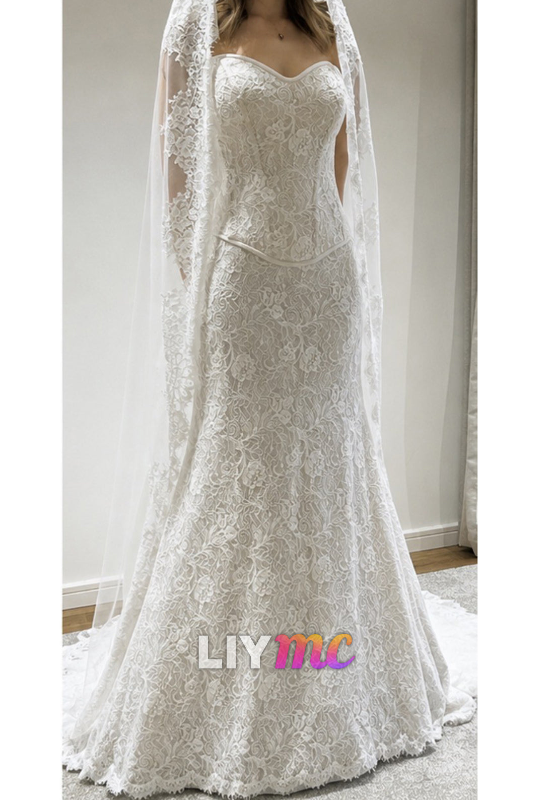 Strapless Sweetheart Lace Mermaid Wedding Gown with Train