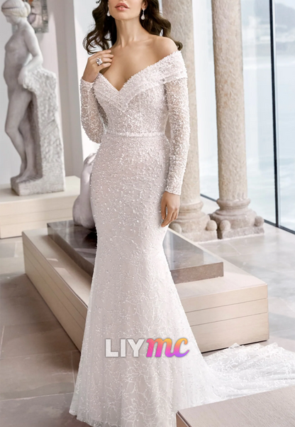 Off-the-Shoulder Long Sleeve Mermaid Wedding Dress