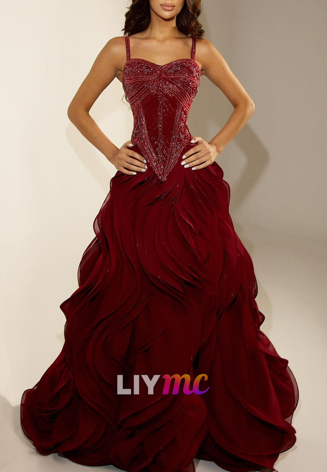 Beaded Corset Ball Gown with Cascading Ruffles