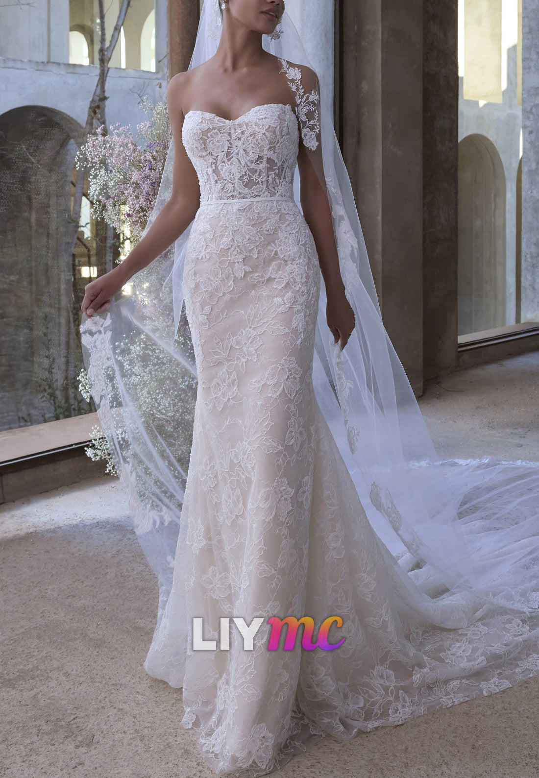 Lace Mermaid Wedding Dress with Halter Neck & Train