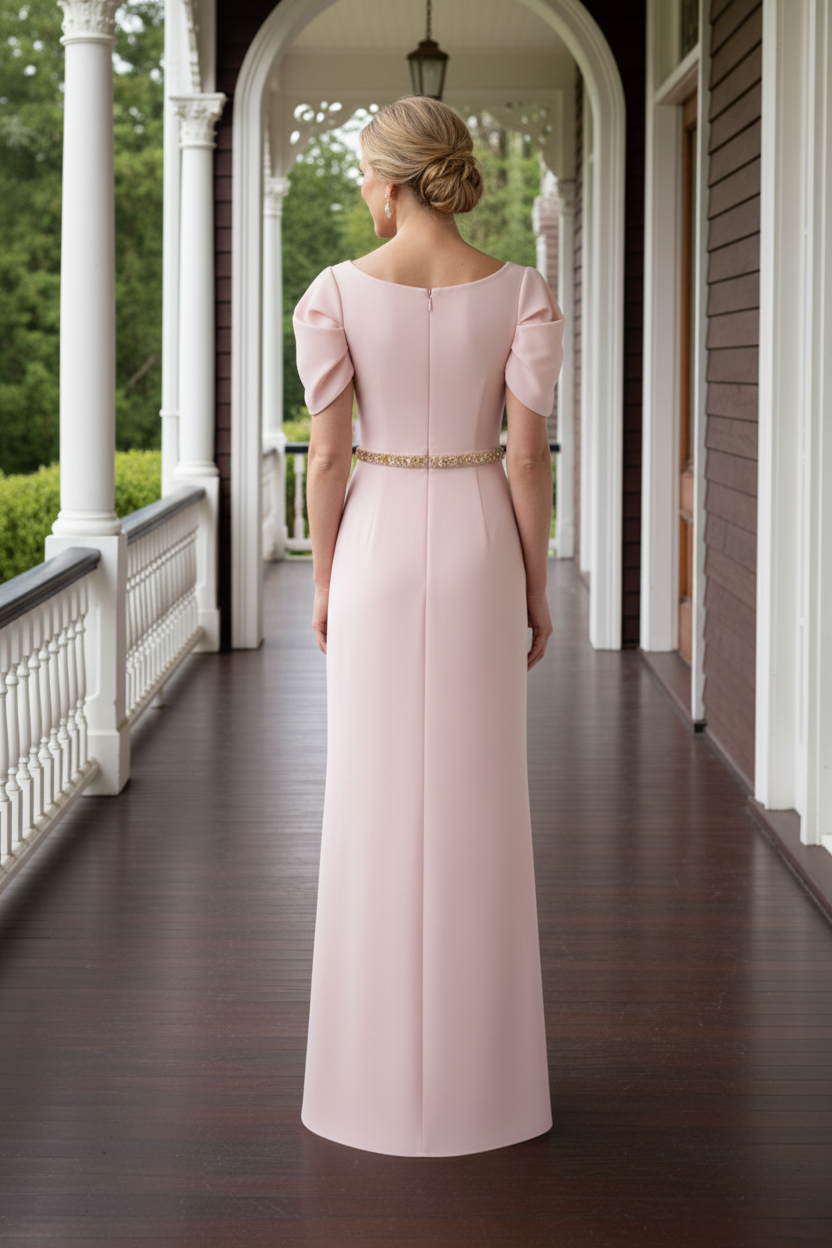 Pleated Cap Sleeve Column Gown with Embellished Waist
