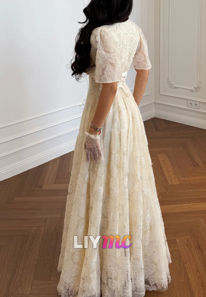 Square Neck A-Line Lace Evening Gown with Flutter Sleeves