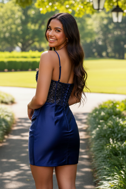 Ruched Satin Corset Mini Dress with Sequin Bodice
