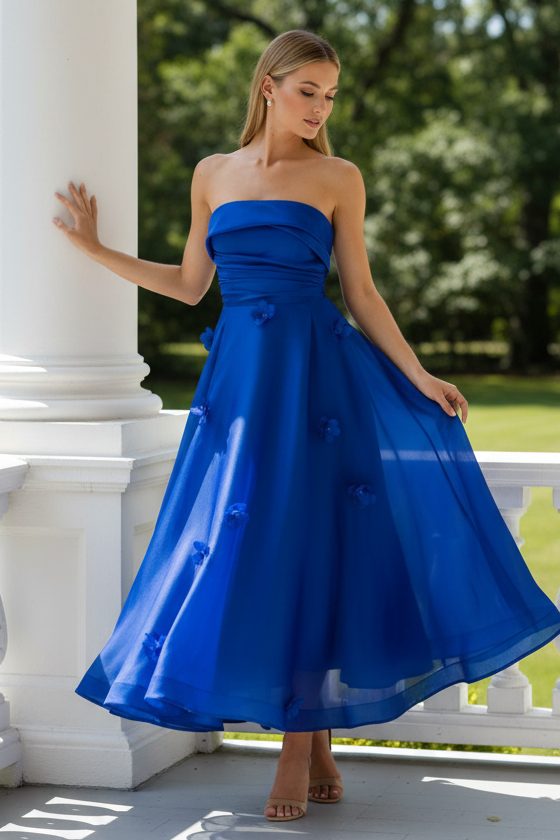 Strapless 3D Floral Applique Midi A-Line Dress