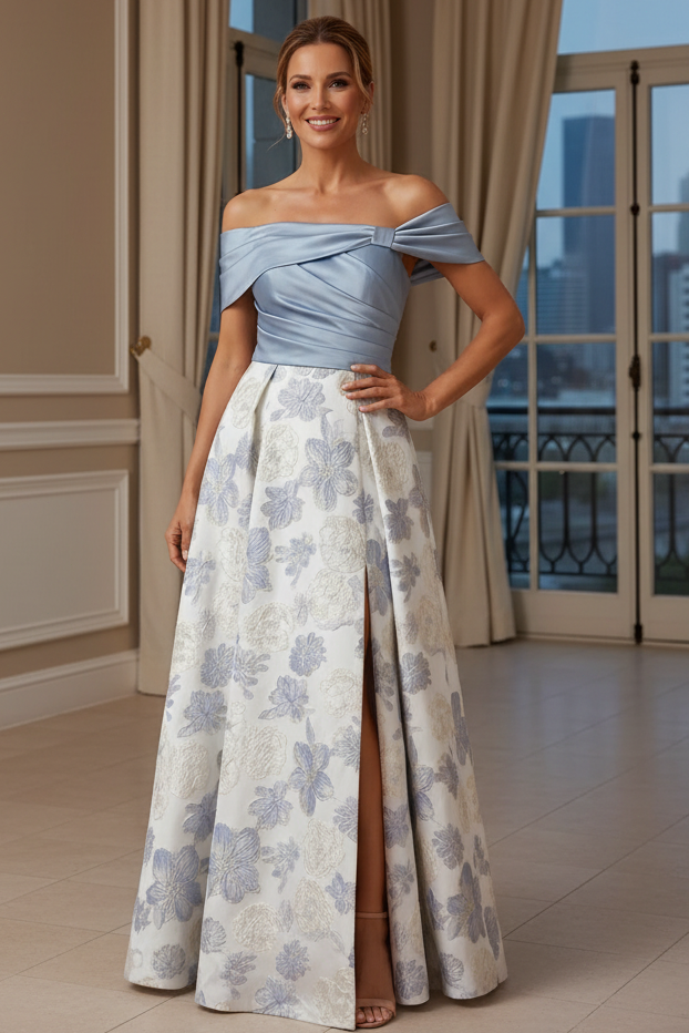 Off-the-Shoulder Floral Jacquard Gown with Slit