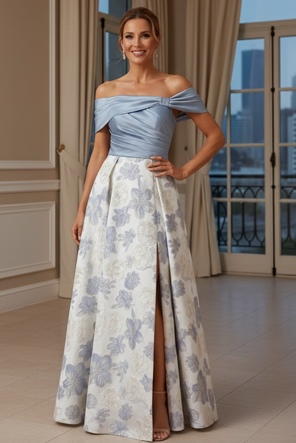 Off-the-Shoulder Floral Jacquard Gown with Slit