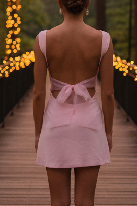 Ruched Mini Dress with Open Tie Back and Slit