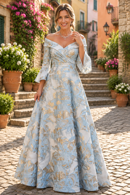 Floral Jacquard Off-the-Shoulder A-Line Gown