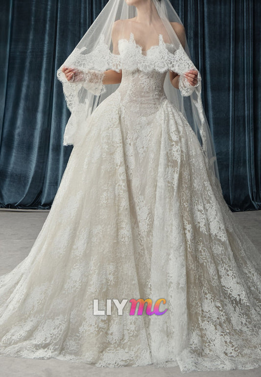 Off Shoulder Lace Ball Gown Wedding Dress with Veil