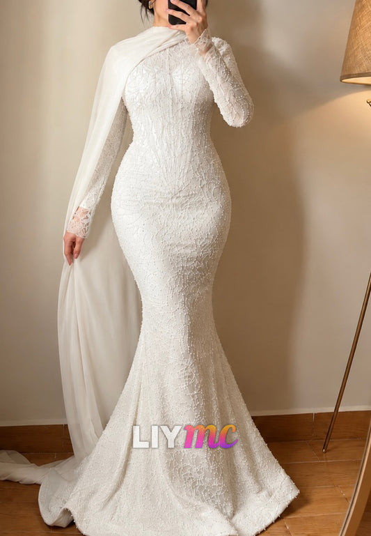 Long Sleeve High Neck Mermaid Dress with Cape