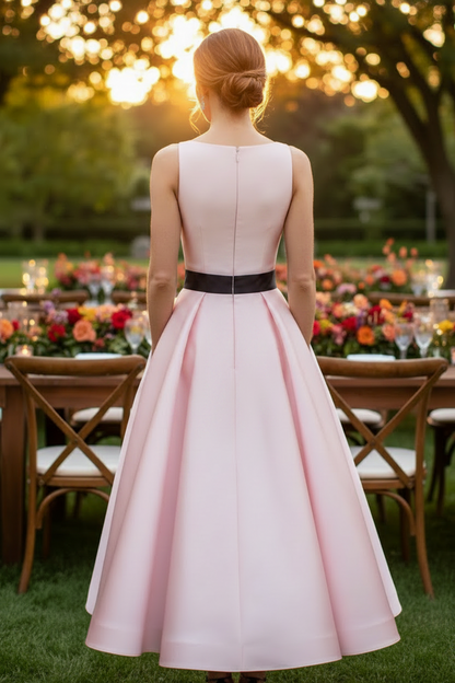 Satin A-Line Tea-Length Dress with Bow Sash
