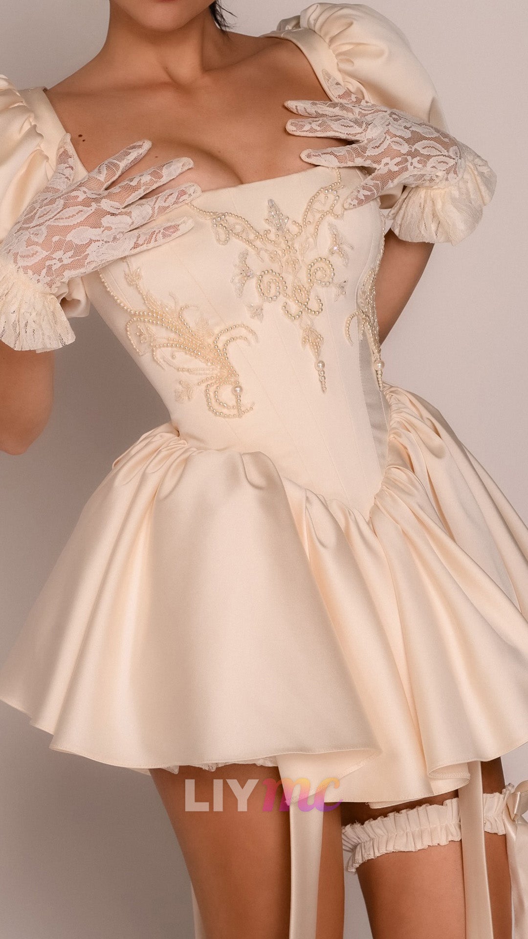 Corset Puff Sleeve Mini Dress with Beading