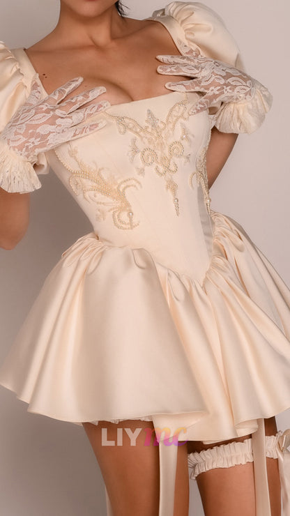 Corset Puff Sleeve Mini Dress with Beading