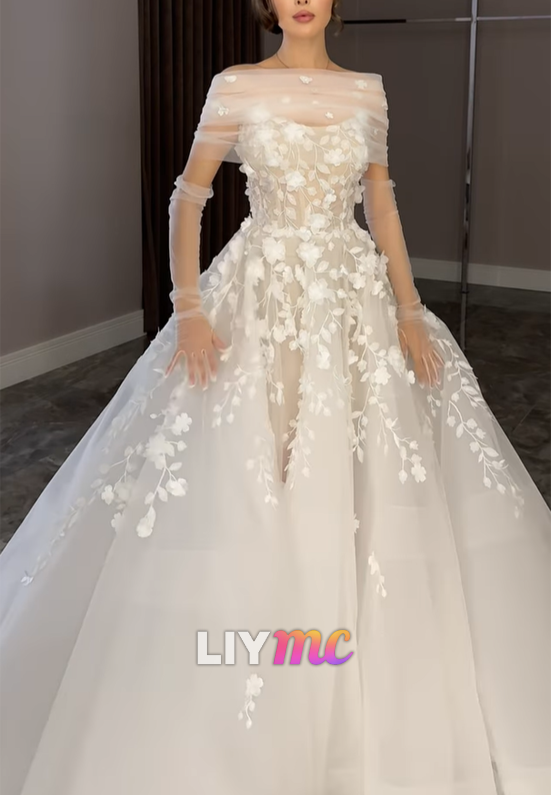 Floral Applique Ball Gown Wedding Dress Long Sleeves
