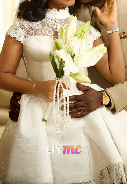 High Neck Lace Mini Wedding Dress with Cap Sleeves