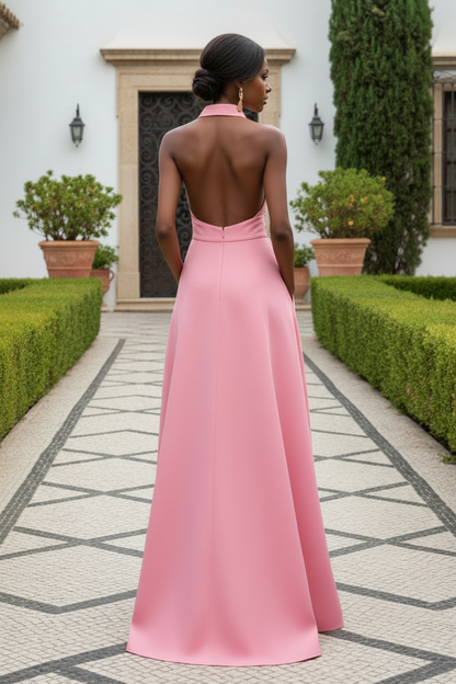 Halter Collared A-Line Gown with Pockets