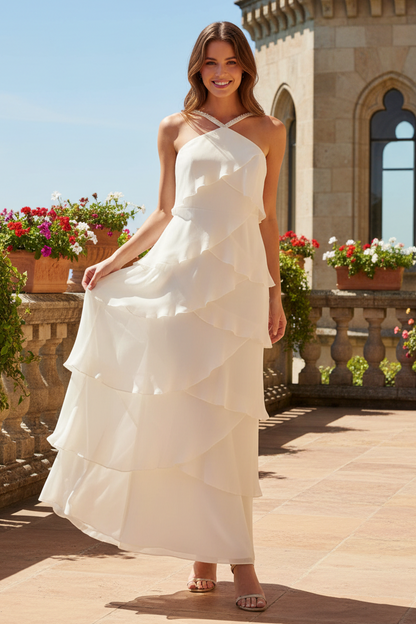 Halter Neck Ruffle Tiered Evening Gown