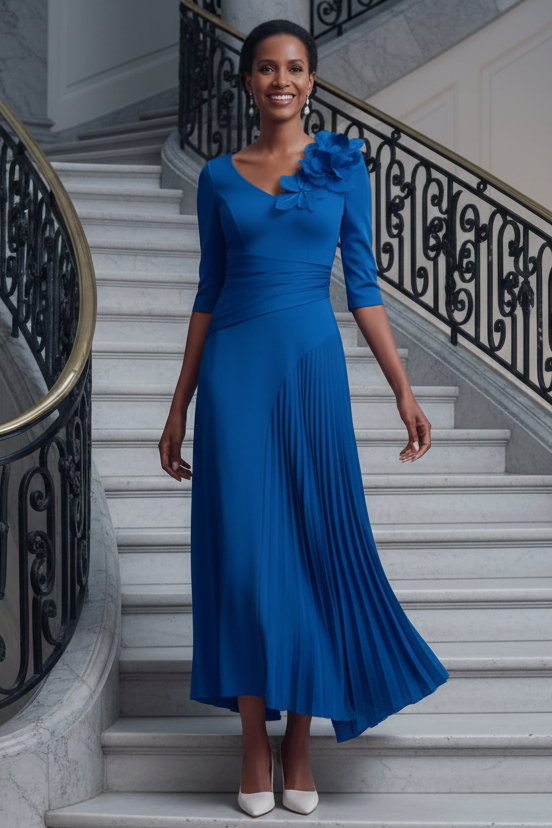 Pleated Asymmetrical Midi Dress with Floral Applique