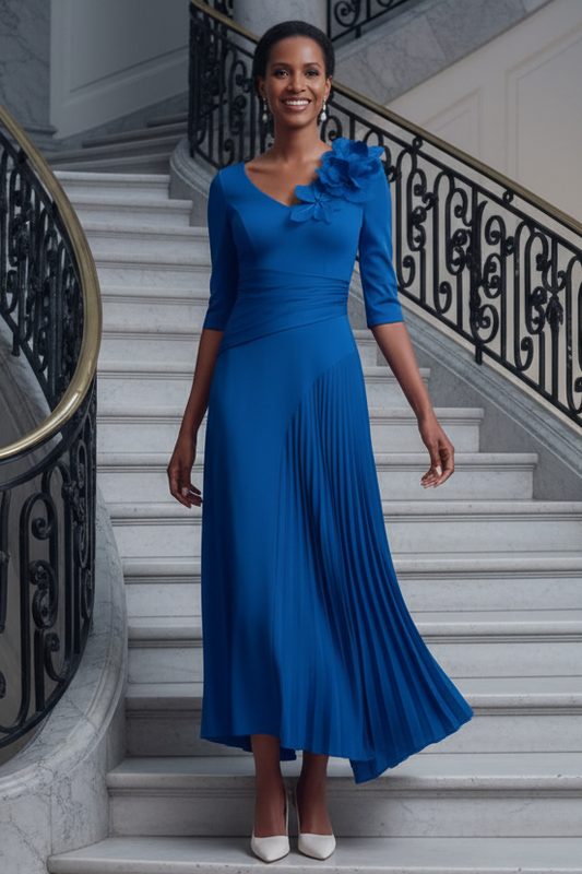 Pleated Asymmetrical Midi Dress with Floral Applique