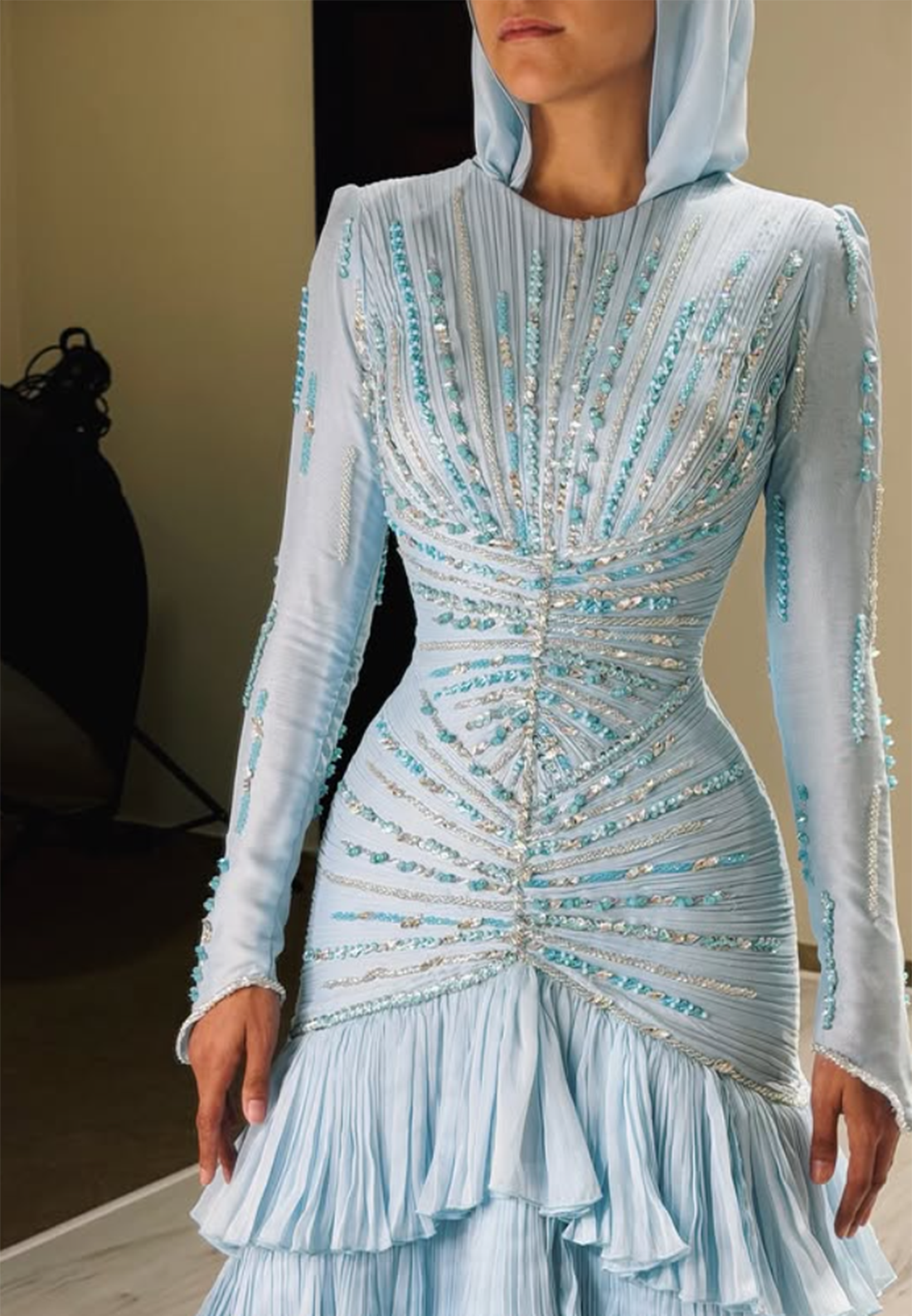 Long-Sleeve Hooded Gown with Beaded Bodice & Tiered Skirt
